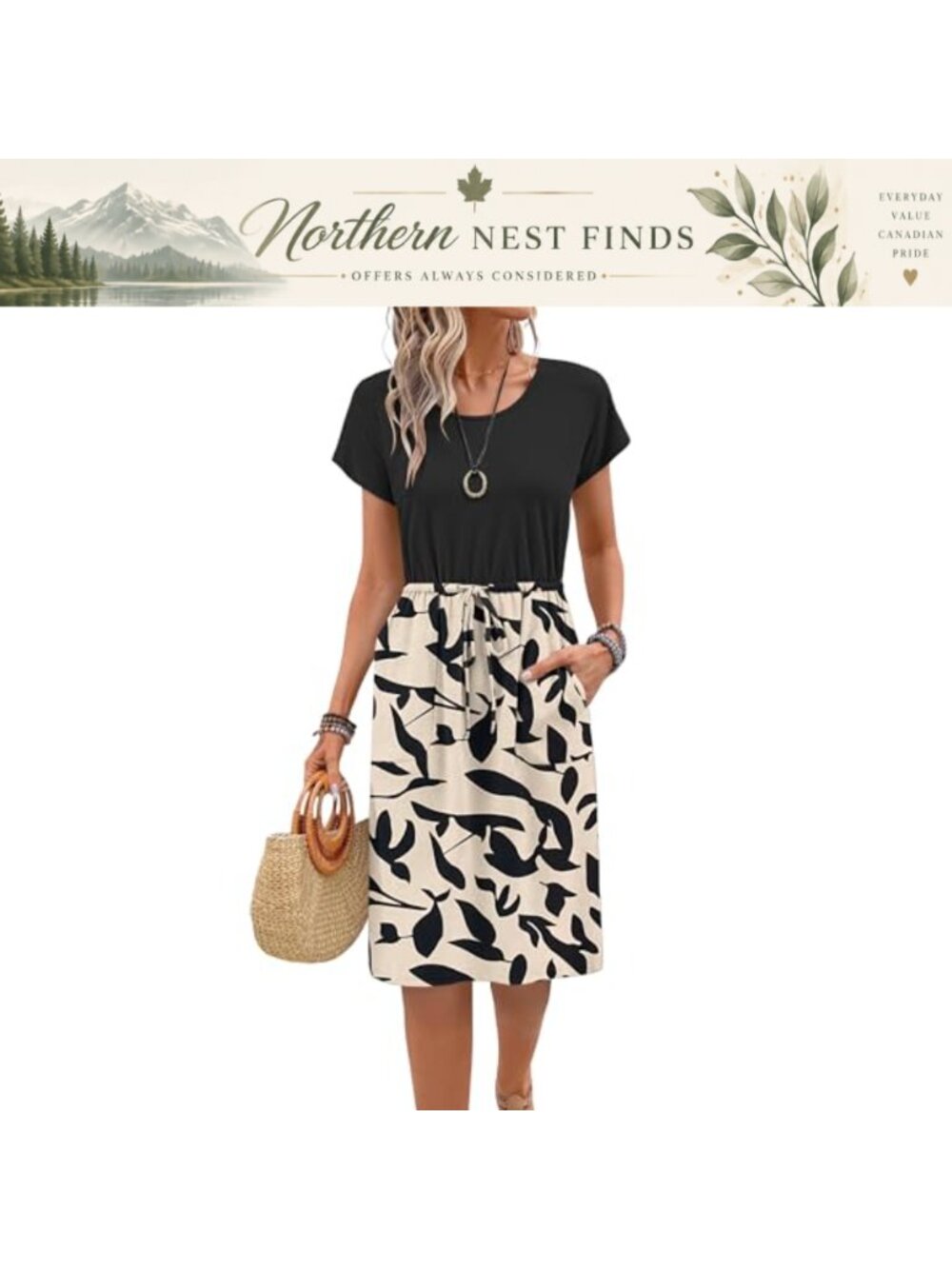MISFAY Short Sleeve Crew Neck A-Line Midi Dress with Pockets